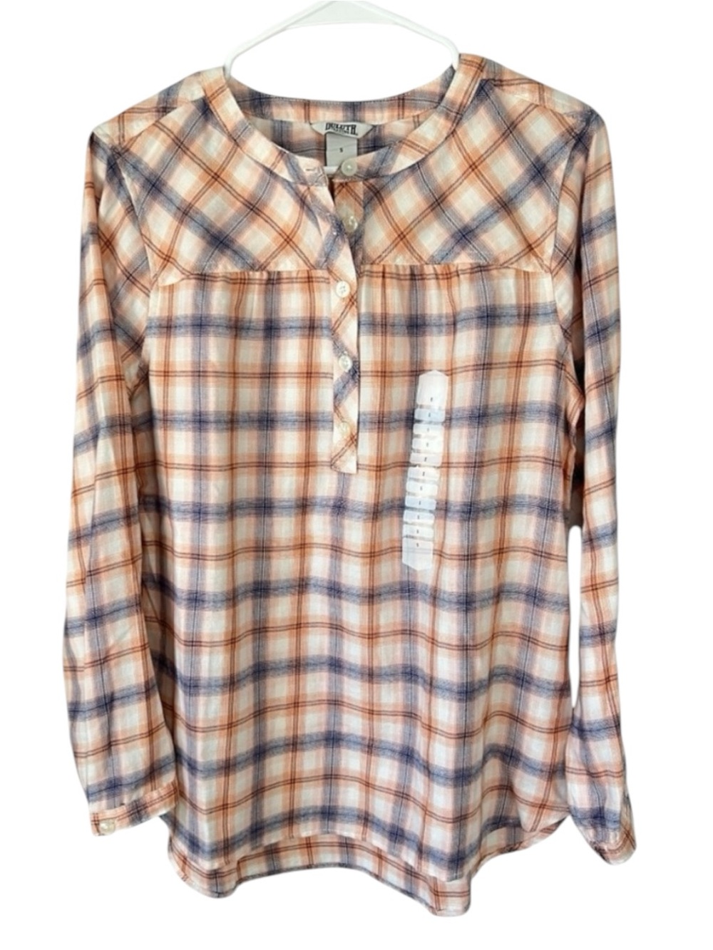 Duluth Trading Co Seawool Lightweight Plaid Flannel Blouse Size S Blue Orange